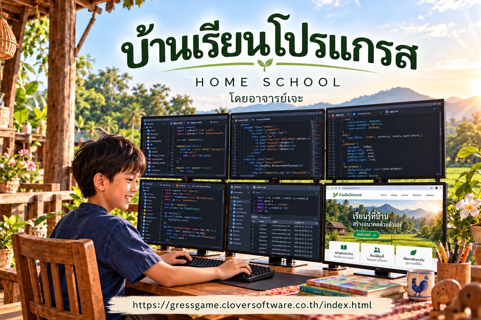 เด็กชายยิ้มขณะเขียนโค้ดบนระเบียงบ้านไม้ท่ามกลางทุ่งนาและภูเขา ภาพปกบ้านเรียนโปรเกรส โดยอาจารย์เจะ